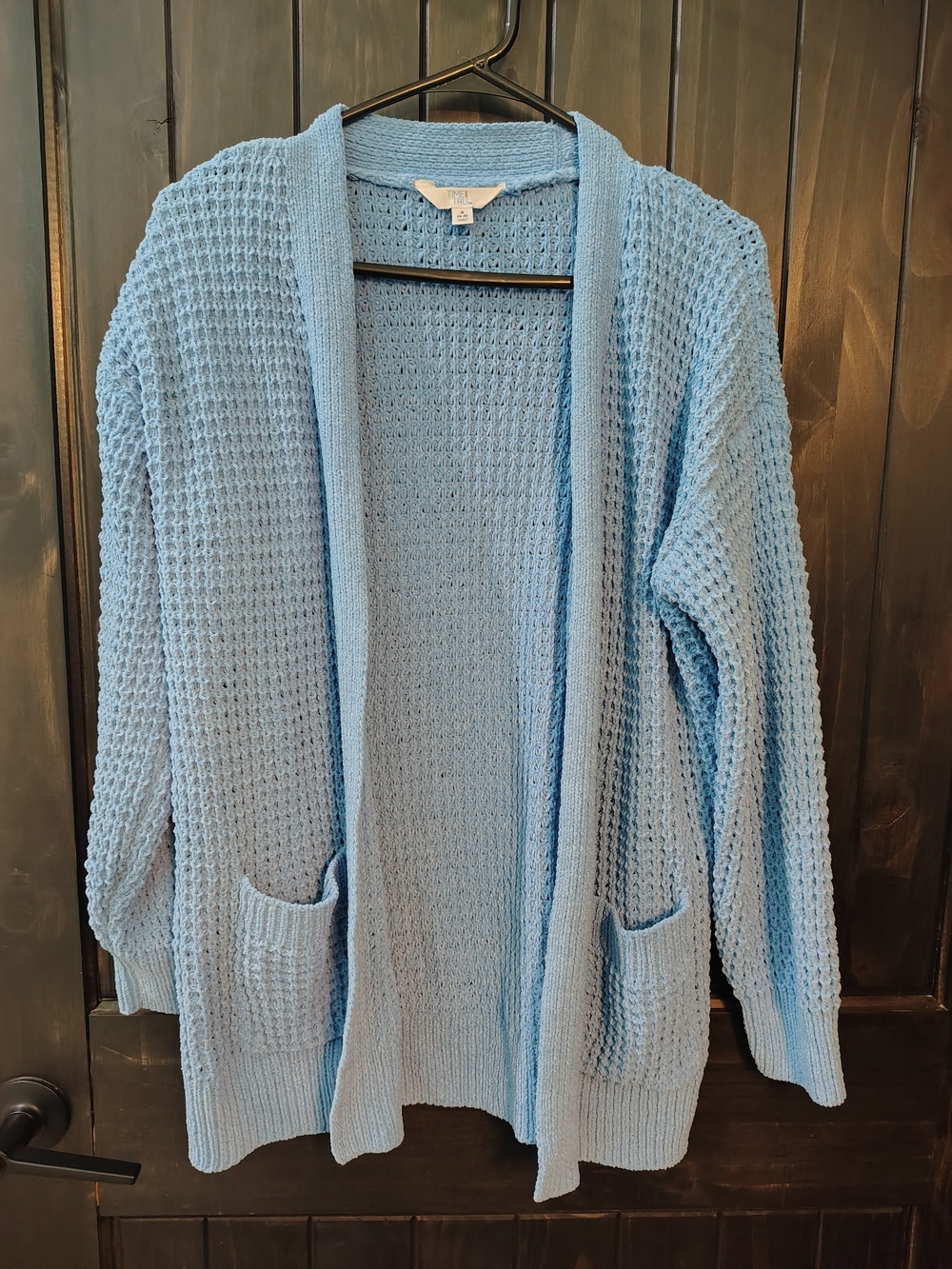 Time and Tru Light Blue Waffle-Knit Open Cardigan